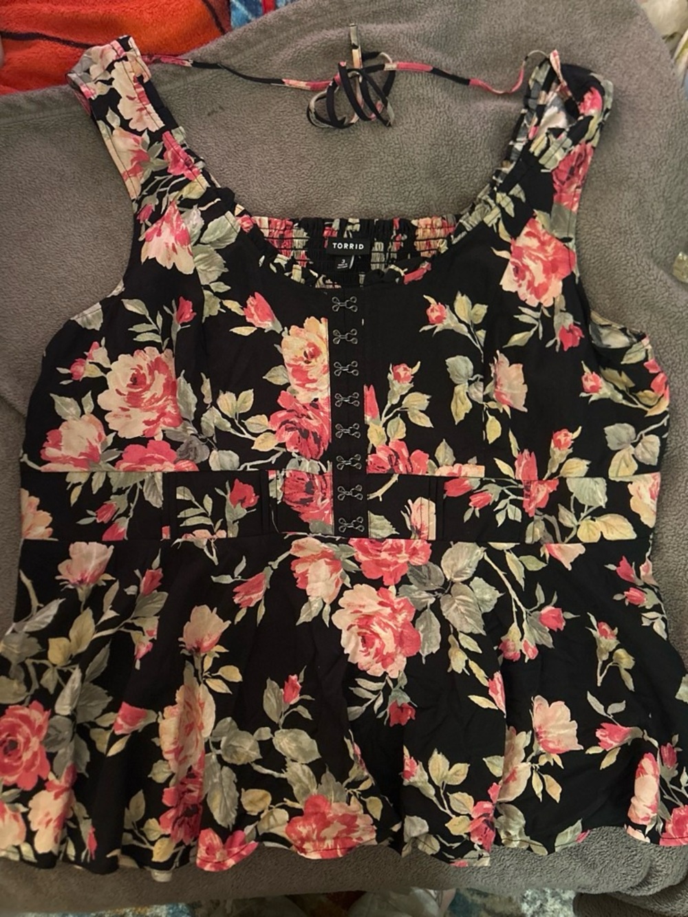 Torrid Black Floral Peplum Tank with Pink and Cream Roses